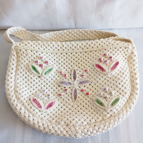 Beige Crochet Floral Shoulder Bag W/Embroidered Multi Color Flowers - Picture 3 of 10